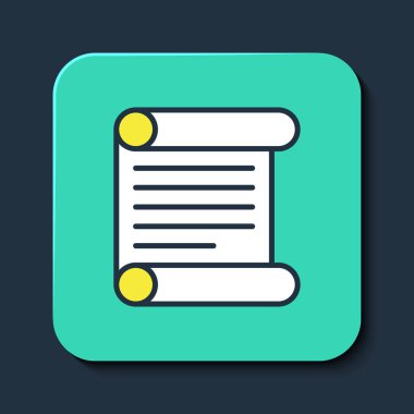 Mavi arkaplanda izole edilmiş özet, kağıt, parşömen, kaydırma simgesi. Turkuaz kare düğme. Vektör