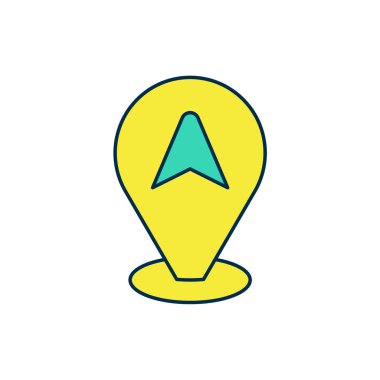 Beyaz arkaplanda izole edilmiş taksi arabası simgesiyle ana hatları doldurulmuş. Konum sembolü. Vektör