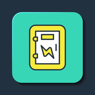 Doldurulmuş elektrik paneli simgesi mavi arkaplanda izole edildi. Turkuaz kare düğme. Vektör