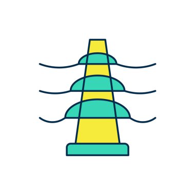 Beyaz arkaplanda izole edilmiş bir elektrik hattı simgesini desteklemek için kullanılan elektrik kulesi. Yüksek voltajlı elektrik direği hattı. Vektör