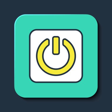 Doldurulmuş ana hat Güç düğmesi simgesi mavi arkaplanda izole edildi. Başlat işareti. Turkuaz kare düğme. Vektör