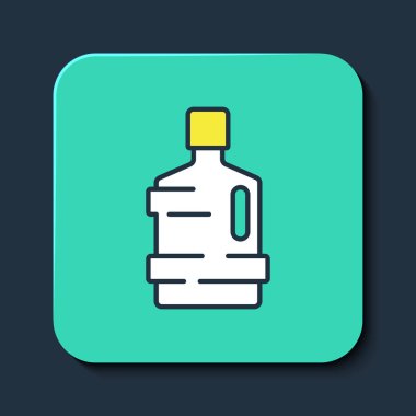 Mavi arka planda izole edilmiş temiz su ikonuyla dolu büyük bir şişe. Soğutucu için plastik kap. Turkuaz kare düğme. Vektör