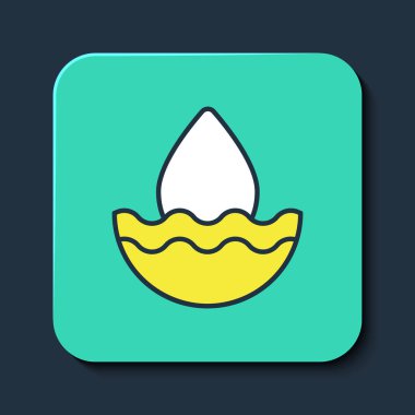 Doldurulmuş ana hatlı su bırakma simgesi mavi arkaplanda izole edildi. Turkuaz kare düğme. Vektör