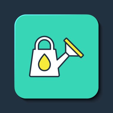 Doldurulmuş taslak Su Kutusu simgesi mavi arkaplanda izole edildi. Sulama sembolü. Turkuaz kare düğme. Vektör