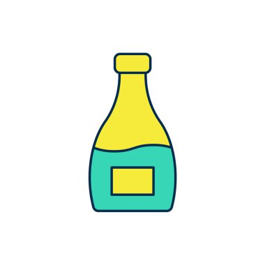 Beyaz arka planda izole edilmiş ana hatlı sos şişesi ikonu. Ketçap, hardal ve fast food için soslu mayonez şişeleri. Vektör