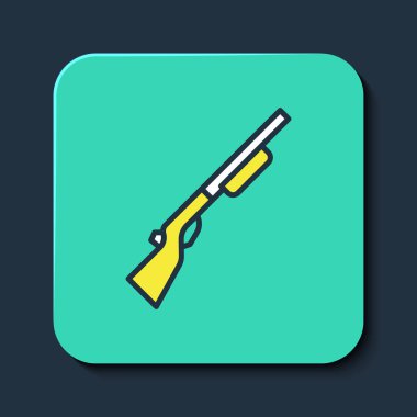 Mavi arka planda izole edilmiş ana hatlı av silahı simgesi. Av tüfeği. Turkuaz kare düğme. Vektör