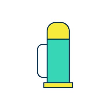 Beyaz arkaplanda izole edilmiş ana hatlı termos kabı simgesi. Termo matara ikonu. Kamp ve yürüyüş ekipmanları. Vektör