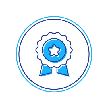 Beyaz arkaplanda izole edilmiş yıldız ikonu ile ana hatları doldurulmuş. Kazanan sembol. Vektör