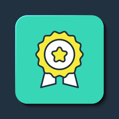 Mavi arkaplanda izole edilmiş yıldız simgesiyle dolu ana hat madalyası. Kazanan sembol. Turkuaz kare düğme. Vektör