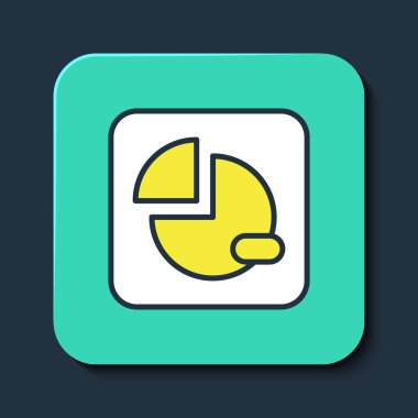 Doldurulmuş turta grafiği bilgi simgesi mavi arkaplanda izole edildi. Diyagram çizelgesi. Turkuaz kare düğme. Vektör