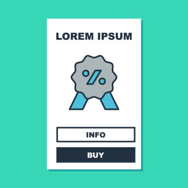 Doldurulmuş yüzde indirimli etiket simgesi turkuaz arka planda izole edildi. Etiket alışverişi. Özel teklif işareti. İndirim kuponları sembolü. Vektör