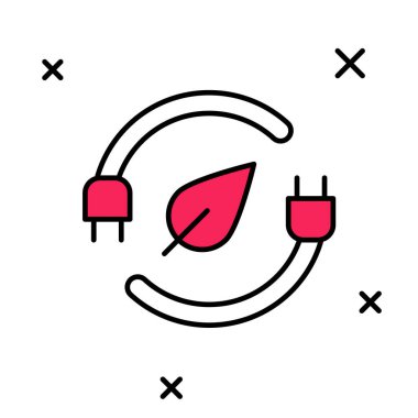 Beyaz arkaplanda izole edilmiş yaprak simgesindeki elektrik kaydedilen fiş. Elektrik tasarrufu. Çevresel koruma. Biyolojik enerji. Vektör