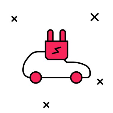 Elektrikli araba ve elektrik kablosu şarj ikonu beyaz arka planda izole edildi. Yenilenebilir ekolojik teknolojiler. Vektör