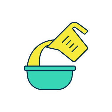 Taslak çizilmiş ölçü kabı beyaz arkaplanda izole edilmiş kase ikonuna sıvı döküyor. Plastik şişenin sapı var. Vektör