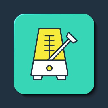 Mavi arkaplanda izole edilmiş hareket simgesiyle Klasik Metronom dizisi dolduruldu. Müzik ve ritim mekanizması. Turkuaz kare düğme. Vektör