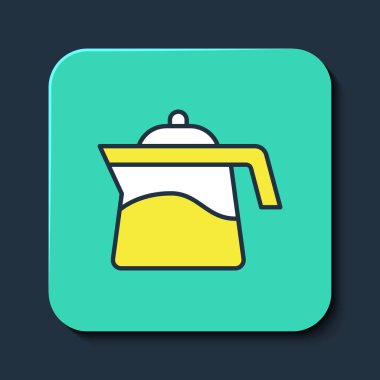 Doldurulmuş ana hatlı Çaydanlık simgesi mavi arkaplanda izole edildi. Turkuaz kare düğme. Vektör