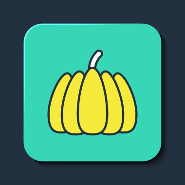 Doldurulmuş ana hatlı balkabağı simgesi mavi arkaplanda izole edildi. Mutlu Cadılar Bayramı Partisi. Turkuaz kare düğme. Vektör