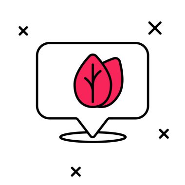 Beyaz arkaplanda izole edilmiş ana hatlı konum broşu ile simgenin içindeki yaprak ile dolduruldu. İşaret bırakıyor. Taze doğal ürün sembolü. Vektör