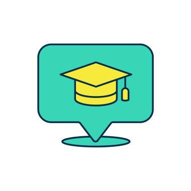 Beyaz arkaplanda izole edilmiş konuşma baloncuğu simgesinde özet doldurulmuş. Tassel ikonlu mezuniyet şapkası. Vektör