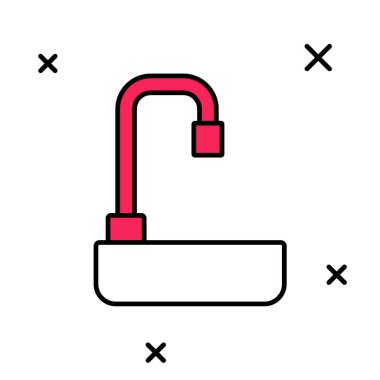 Beyaz arka planda izole edilmiş ana hatlı lavabo su musluğu ikonu ile dolu. Vektör