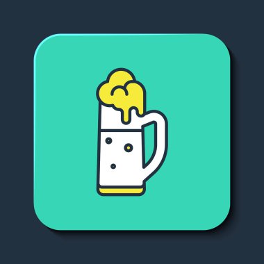 Mavi arka planda izole edilmiş bira ikonu ana hatlarıyla dolu. Aziz Patrick gününüz kutlu olsun. Ulusal İrlanda bayramı. Turkuaz kare düğme. Vektör