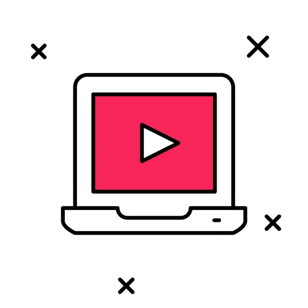 Contour rempli icône vidéo de lecture en ligne isolé sur fond blanc. Ordinateur portable et bande de film avec panneau de lecture. Vecteur — Image vectorielle