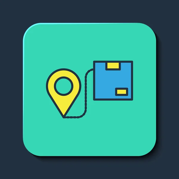 Filled outline Location with cardboard box icon isolated on blue background. Delivery services, logistic and transportation, distribution. Turquoise square button. Vector — Stock vektor