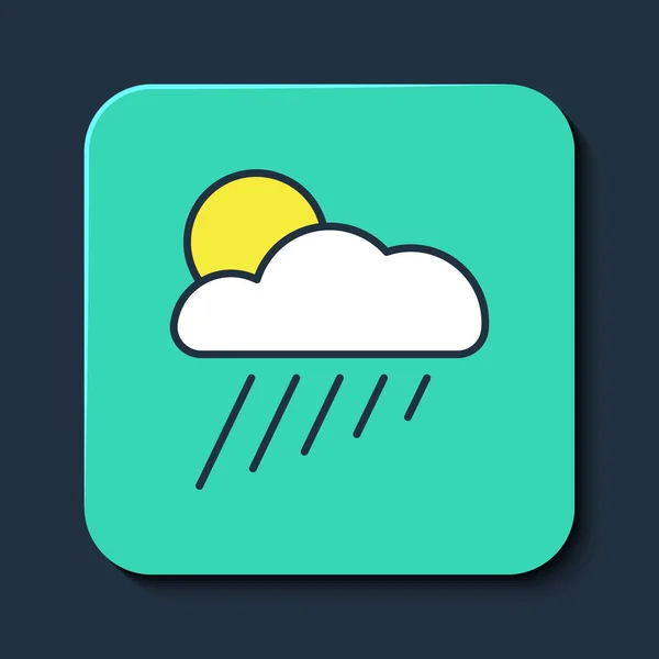Gefüllte Umrisse Wolke mit Regen und Sonne Symbol isoliert auf blauem Hintergrund. Regenwolken mit Regentropfen. Türkis-quadratischer Knopf. Vektor — Stockvektor