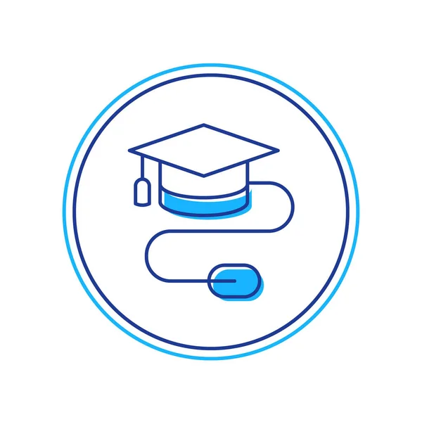 Gevulde omtrek Graduation cap met muis pictogram geïsoleerd op witte achtergrond. Wereld onderwijs symbool. Online leren of e-learning concept. Vector — Stockvector