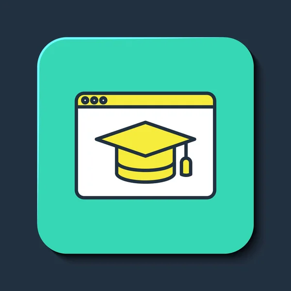 Filled outline Online education and graduation icon isolated on blue background. Online teacher on monitor. Webinar and video seminar learning. Turquoise square button. Vector — 图库矢量图片