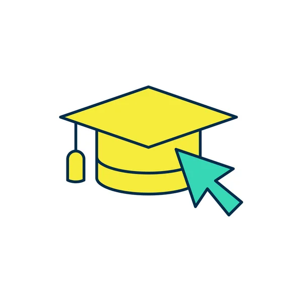 Esquema rellenado Tapa de graduación con icono del cursor aislado sobre fondo blanco. Símbolo de educación mundial. Concepto de aprendizaje en línea o aprendizaje electrónico. Vector — Archivo Imágenes Vectoriales