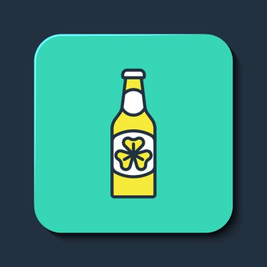 Bira şişesinde mavi arka planda izole edilmiş yonca folyo yaprağı ikonu var. Aziz Patrick gününüz kutlu olsun. Ulusal İrlanda bayramı. Turkuaz kare düğme. Vektör