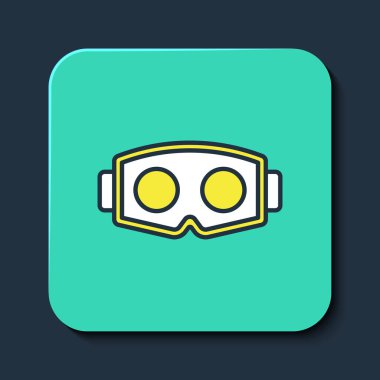 Doldurulmuş Sanal gerçeklik gözlüğü simgesi mavi arkaplanda izole edilmiş. Stereoskopik 3D VR maskesi. Optik baş monte edildi. Turkuaz kare düğme. Vektör