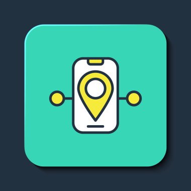 Doldurulmuş ana hat konum simgesi mavi arkaplanda izole edildi. Tren yolu güzergahının başlangıç noktası GPS ve tire çizgisi olan yolu. Turkuaz kare düğme. Vektör