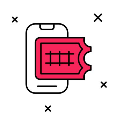 Çevrimiçi bilet rezervasyonu ve uygulama arayüzü simgesi alımı beyaz arkaplanda izole edildi. E-bilet siparişi. Elektronik tren bileti ekranda. Vektör