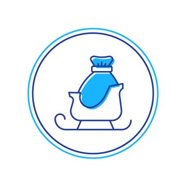 Beyaz arka planda izole edilmiş çuval torba ikonuyla Noel Baba kızağı doldurulmuş. Mutlu Noeller ve mutlu yıllar. Vektör