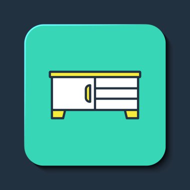 Doldurulmuş ana hatlı televizyon masası simgesi mavi arkaplanda izole edildi. Turkuaz kare düğme. Vektör