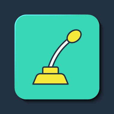 Doldurulmuş mikrofon simgesi mavi arkaplanda izole edildi. Radyodaki mikrofondan. Sözcü işareti. Turkuaz kare düğme. Vektör