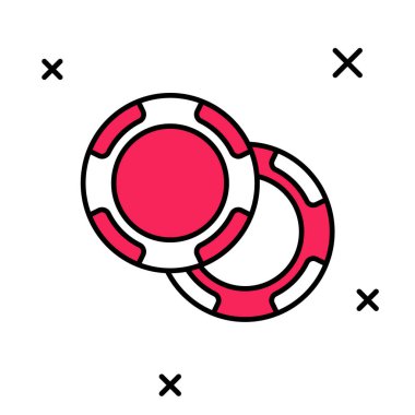 Doldurulmuş ana hatlı kumarhane çipleri simgesi beyaz arkaplanda izole edildi. Kumarhane kumarı. Vektör