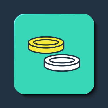 İçi doldurulmuş Checker oyun çipleri simgesi mavi arkaplanda izole edildi. Turkuaz kare düğme. Vektör