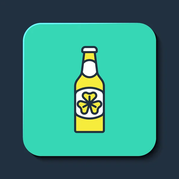 Filled outline Beer bottle with clover trefoil leaf icon isolated on blue background. Happy Saint Patricks day. National Irish holiday. Turquoise square button. Vector — Stock Vector