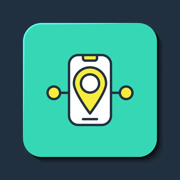 Filled outline Route location icon isolated on blue background. Train line path of train road route with start point GPS and dash line. Turquoise square button. Vector — Stock vektor