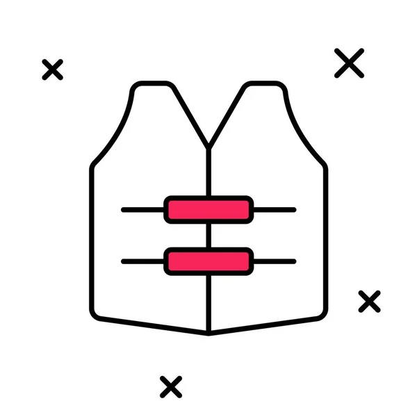 Gevulde omtrek Life jacket icoon geïsoleerd op witte achtergrond. Een icoon van een vest. Extreme sport. Sportuitrusting. Vector — Stockvector