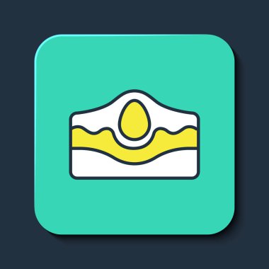 Mavi arkaplanda izole edilmiş ana hatlı sivilce simgesi. Deride iltihaplı sivilce. Tıkanmış gözenekteki sebum bir bakterinin büyümesini teşvik ediyor. Turkuaz kare düğme. Vektör