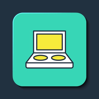 Mavi arkaplanda izole edilmiş fırça simgesiyle göz farı paleti doldurulmuş. Turkuaz kare düğme. Vektör