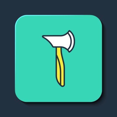 Doldurulmuş ahşap balta simgesi mavi arkaplanda izole edildi. Oduncu baltası. Turkuaz kare düğme. Vektör