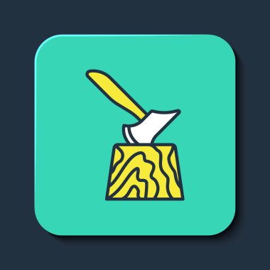 Mavi arka planda izole edilmiş kütük simgesinde ahşap baltayla doldurulmuş. Oduncu baltası. Balta tahtaya saplanmış. Odun kesiyorum. Turkuaz kare düğme. Vektör