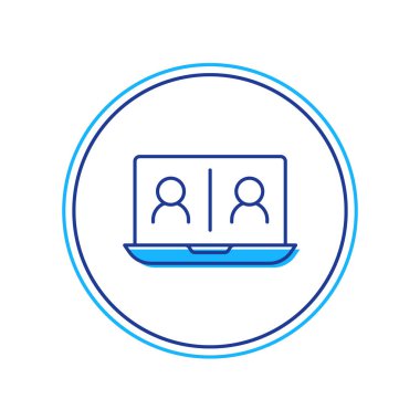 Beyaz arkaplanda izole edilmiş ana hatlı görüntülü sohbet ikonu. Çevrimiçi iş görüşmesi formu. Uzak proje yönetimi. Vektör