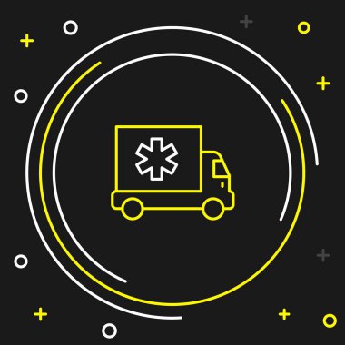 Hat ambulansı ve acil durum arabası simgesi siyah arka planda izole edildi. Ambulans aracı tıbbi tahliye. Renkli taslak konsepti. Vektör