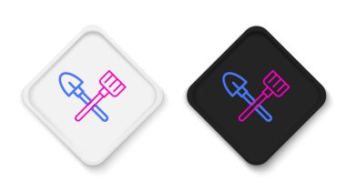 Kürek ve tırmık simgesi beyaz arkaplanda izole edildi. Bahçecilik, tarım, bahçıvanlık, çiftçilik aletleri. Toprak işçisi. Renkli taslak konsepti. Vektör